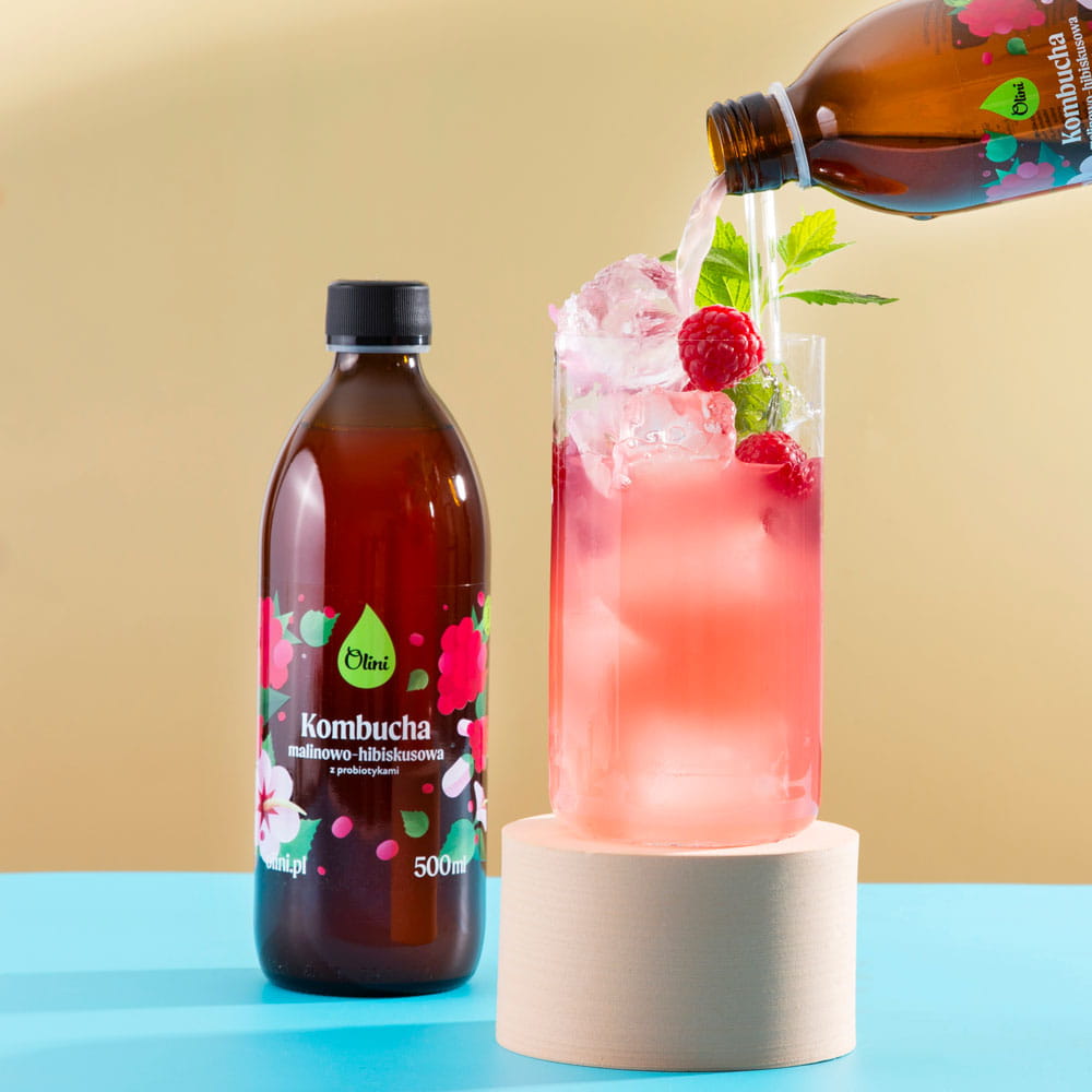 Kombucha malinowo-hibiskusowa z probiotykami Olini