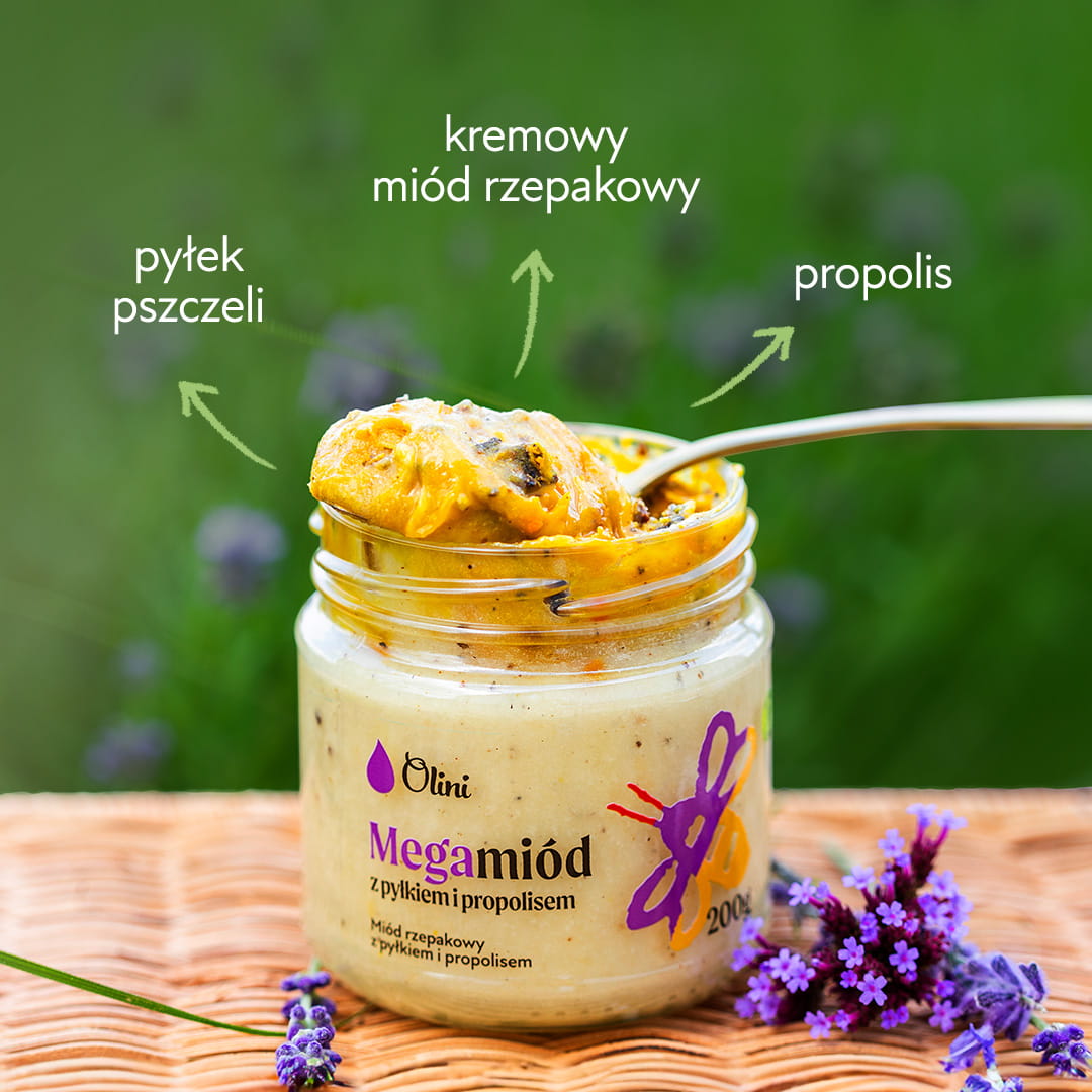 Megamiód - Miód rzepakowy z pyłkiem i propolisem Olini